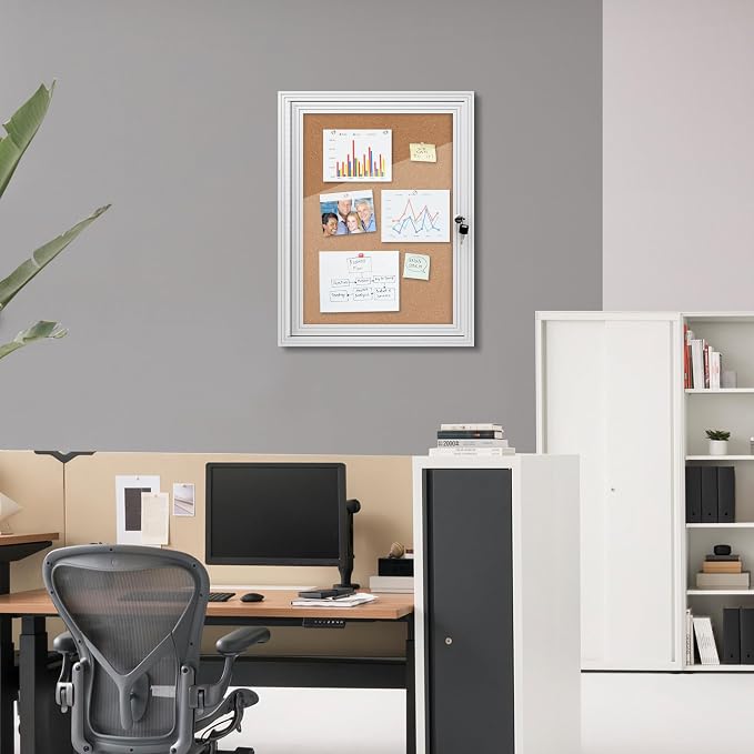 Mifuro 26"x20" Enclosed Bulletin Board, Outdoor Lockable Weather-Resistant Aluminum Cork Noticeboard for School & Office, Silver Frame w/Cork