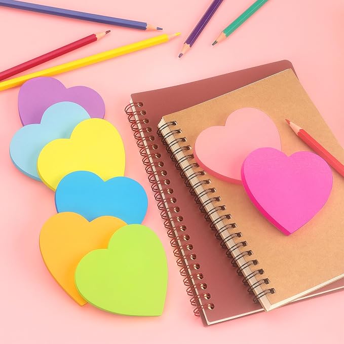 SIMONA Heart Shape Sticky Notes 3x3 in 8 Color Bright Colorful Sticky Pad | Heart Self-Sticky Note Pads, Cute Bright Color 8 Pads, 600 Sheets, Strong Adhesive Sticky Notes for Office, School, Family