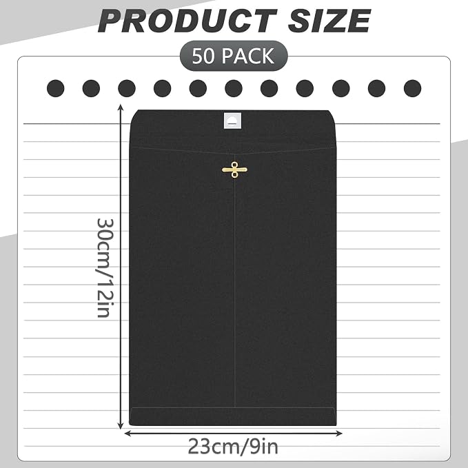 Geyee 50 Pcs 9 x 12 Inch Clasp Envelopes Letter Size Mailing Envelopes with Clasp Closure for Filing Storing Documents Office Home Business School (Black)