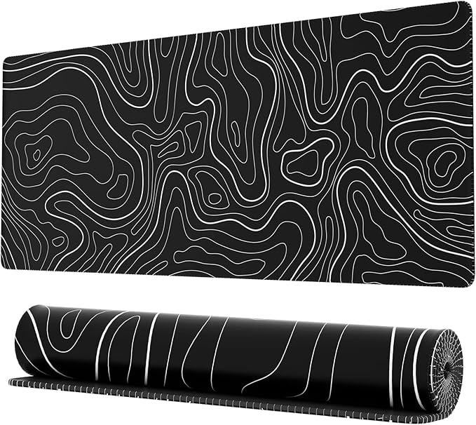 Ovenbird Large Gaming Mouse Pad with Stitched Edges, Minimalist Topographic Map Mouse Pad, Extended XL Mousepad with Anti-Slip Base, Cool Mouse Pad for Keyboard and Mouse, 35.4 x 15.7 in, Black