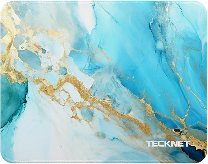 TECKNET Mouse Pad with Anti-fray Stitching, Waterproof Surface & Non-Slip Rubber Base with Stitched Edges Gaming Mouse Mat for Laptop，Compatible with Laser and Optical Mice - Blue-Green Marble