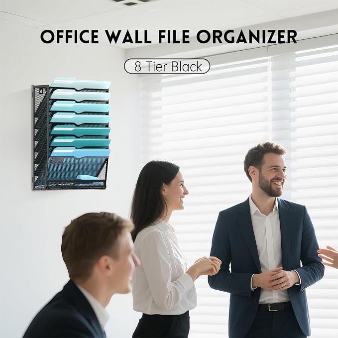 8-Tier Wall File Organizer and Mail Organizer with 5 Hooks, 2 Pack | Label slots, curved openings, 5 key hooks, and a bottom tray support organized mail, file, and everyday item storage.