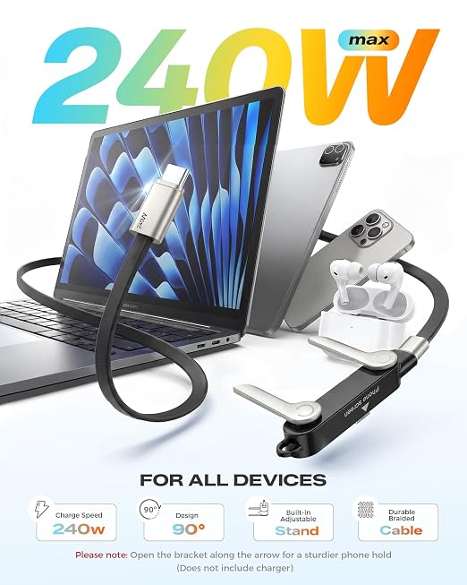 LOOHOI 240W Fast Charging USB-C to USB-C Cable with Built-in Phone Stand | Soft Silicone Invisible Stand Fast Charging Cord for Gaming, Desk Setup & Hands-Free Viewing (5FT, Black)