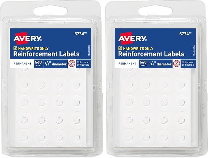Avery® Reinforcement Labels, 1/4" Diameter, Permanent Adhesive, White, Non-Printable, 560 Page Reinforcement Stickers (6734) (Pack of 2)