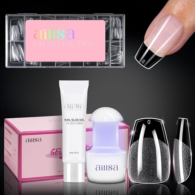 AILLSA Nail Tips and Glue Gel Kit Short Coffin Nail Tips 120pcs, Professional Glue Gel 30g for Fake Acrylic Nails, Full Cover Portable Mini U V Nail Lamp for DIY Salon Home