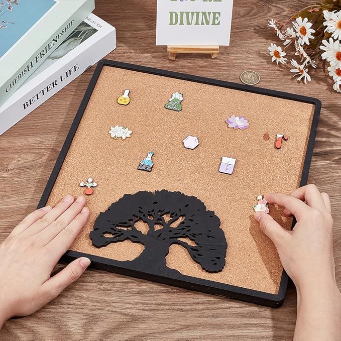 BENECREAT Square Tree of Life Pin Board Cork Board, 11.8x11.8inch Bulletin Display Board Wall Mounted Cork Board with Black Frame for Brooch Pin Storage Display, Office Home and School Decor