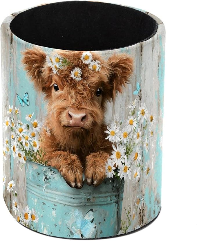 Leather Pen Holder for Desk, Highland Cow Flower Pencil Cup Pen Organizer Makeup Brush Holder for Office Home Kids Countertop Desk Accessory Storage