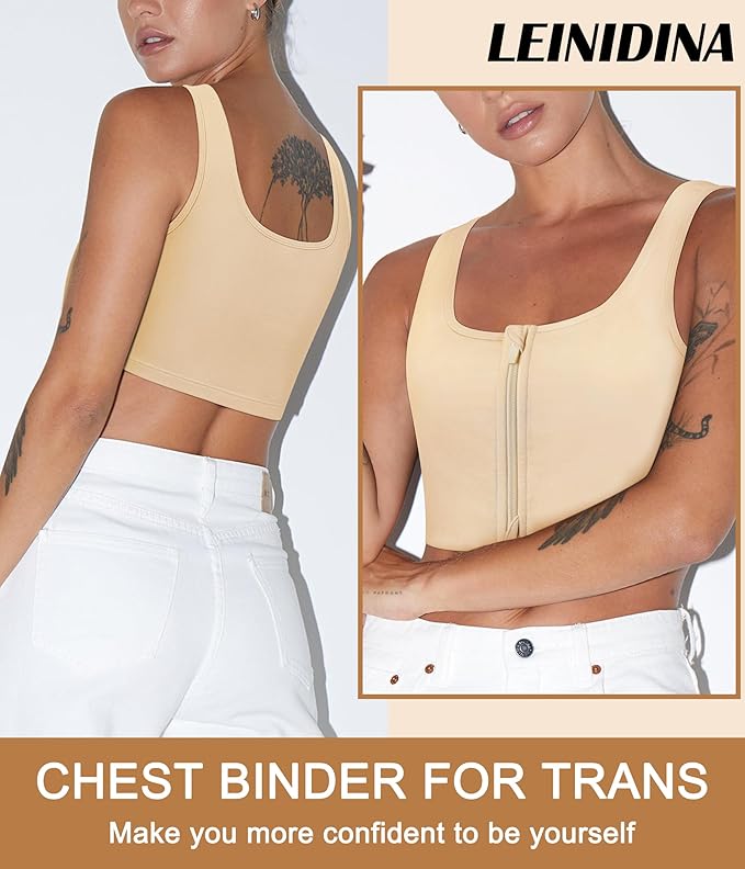 LEINIDINA Chest Binder Tomboy Transgender FTM Square Collar with Front Zipper Binder Bra Tank Top