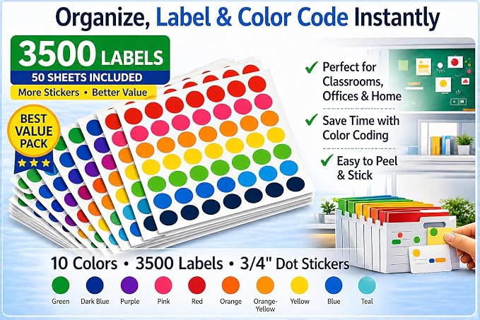 3500 PCS Colored Dot Stickers, 3/4 Inch Round Color Coding Labels, Circle Stickers for Classroom, Office, Organization, Teachers, Kids, Price Labels & Crafts