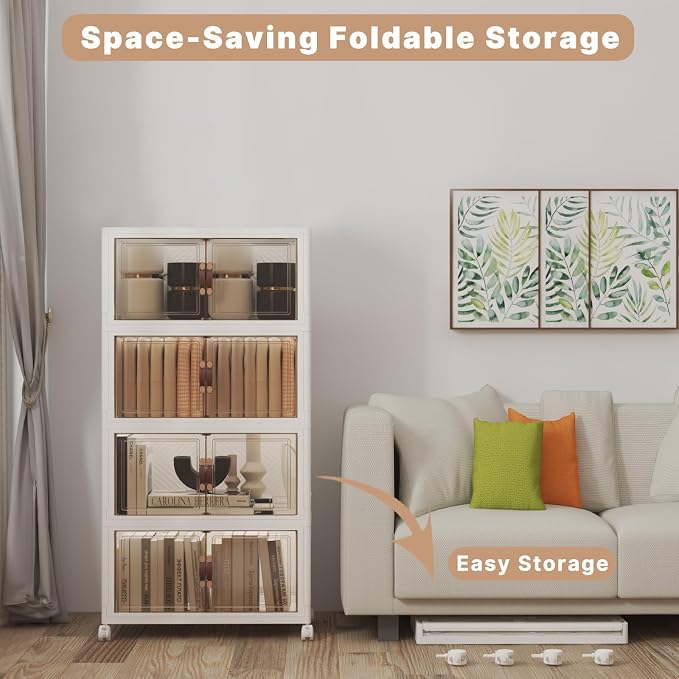 208QT Stackable Storage Bins with Lids,Doors & Wheels | Closet Organizers and Storage Cabinet, Lockable Plastic Foldable Drawers for Bedroom Dorm Office Garage（52QT*4,White）