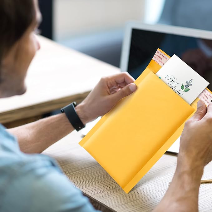 UCGOU Kraft Bubble Mailers 4x8" 50 Pack Usable Size 4x7" Yellow Padded #000 | Self Seal Waterproof Padded Envelopes,Bubble Mailers for Trading Cards,Tear Resistant Bulk Shipping Bags for Small Business