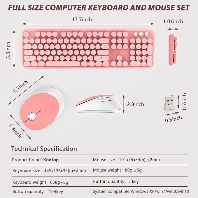 Wireless Keyboard and Mouse Combo, 2.4G Typewriter, Pink | Retro Full Size Computer Keyboards, Cute Mouse, USB Dongle Plug and Play, for PC,Laptop,Desktop,Windows