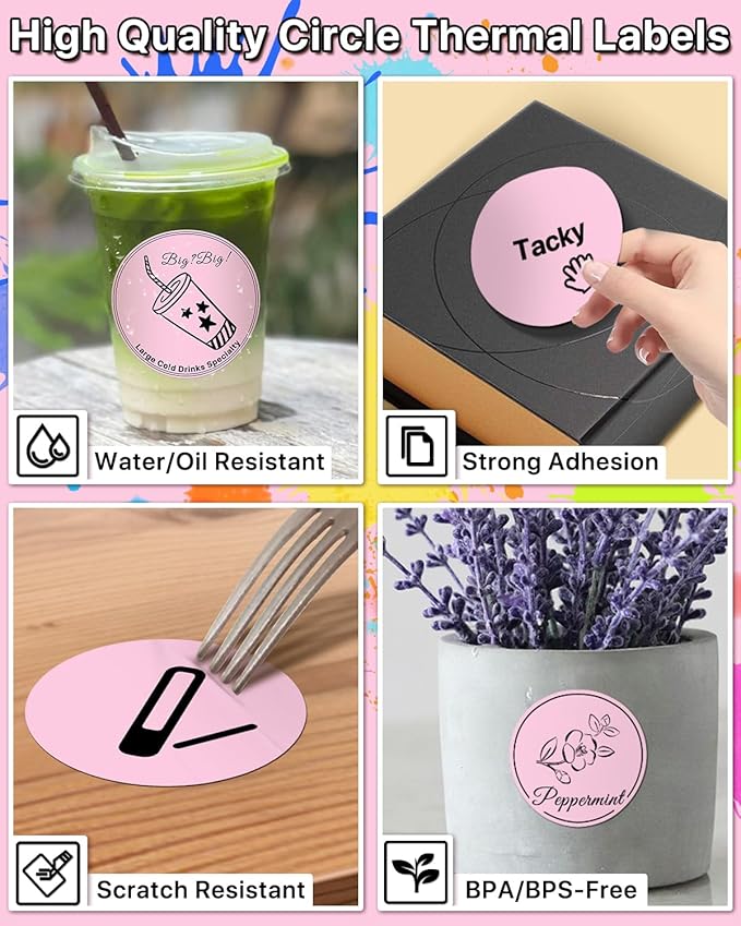 3 Inch (76.2mm x 76.2mm) Round Thermal Printer Label Stickers Self-Adhesive Circle Convenient Multi-Purpose Blank 3" Sticker Roll for Family Classification, Gift Sealing, Pink (500Pcs)