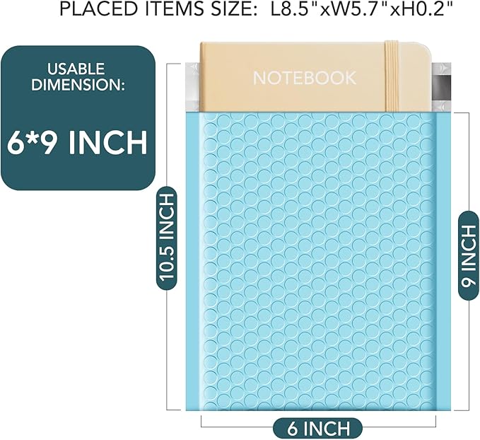 Metronic Bubble Mailers 6x10 Inch 25 Pack Usable Size 6x9" Waterproof Bubble Mailer Cushioning Padded Envelopes, Bubble Envelopes for Shipping, Mailing, Packaging, Small Business Supplies, Light Blue