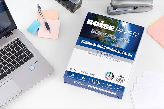 Boise POLARIS Premium Multi-Use Printer & Copy Paper, 10 Reams, White, Letter (8.5inx11in), 5000 Sheets Per Case, 20 Lb, 97 Brightness, FSC Certified