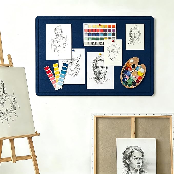 Cork Board Alternative, Decorative Foldable Felt Bulletin Board 24 * 16 Inches, Alternative Photo Board Self-Adhesive Vision Board, Decorative Pin Board (Rectangle Dark Blue)