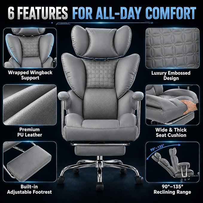 Big and Tall Office Chair 350 LBS, Scratch-Resistant PU Leather Executive Office Desk Chair with Footrest, Ergonomic Reclining Computer Chair with Pocket Spring Support for Home Office, Grey