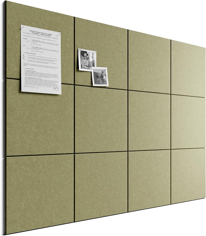 Bumusty 48"x 36" Large Felt Bulletin Board Tiles, Olive Green | 12-Pack Cork Board Alternative, Wall Decor, 30 Pushpins, 60 Adhesive Tabs, Vision Board, Office, Classroom, Home, Dorm