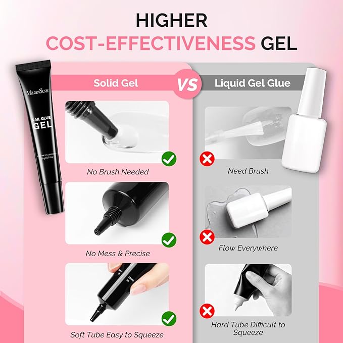MelodySusie 2Pcs*20g Solid Nail Glue Gel, Super Strong & Long Last Soft Gel Nail Tips Glue for Acrylic Fake Nails, 3D Nail Art, Nail Gem, Soak off UV & LED Lamp Needed, Home DIY & Salon