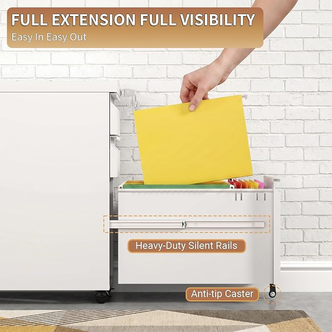 3 Drawer Small Under Desk Rolling File Cabinet with Lock for Home Office | Fully Assembled,Central Locking System,Metal,Pencil Tray,Hanging File Bar,Anti-Tipping Caster