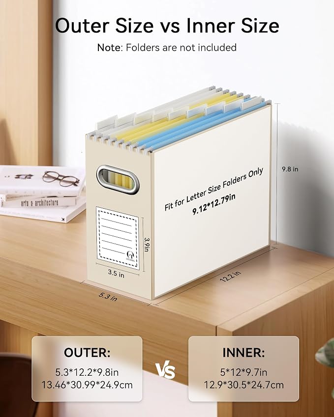Portable Cardboard File Box for Hanging Folders Letter-Size Beige | 4-Pack. Stainless Steel Handle. Label Stickers Included. Fits Letter Folders (Not Included). Home, Office, School, Dorm