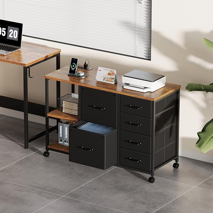 6 Drawer File Cabinet with Charging Station and Open Storage Shelf | Rustic Brown, Rolling Printer Stand Fabric Lateral Filing Cabinet for Home Office