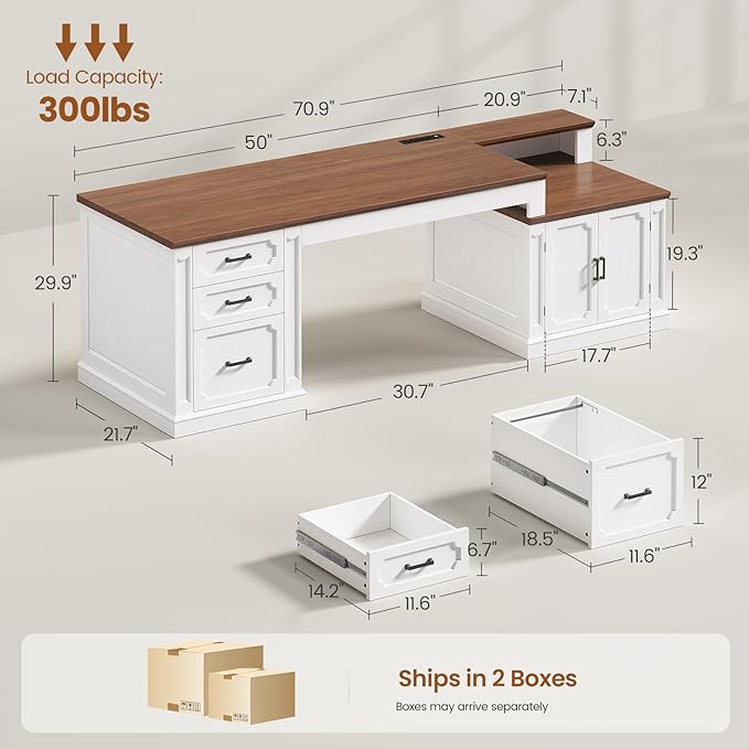 SEDETA Farmhouse 70.9" Executive Desk, Home Office Desk with File Drawers and Storage Cabinet, Computer Desk with Power Outlet for Home Office, Work Study Writing, White+Brown