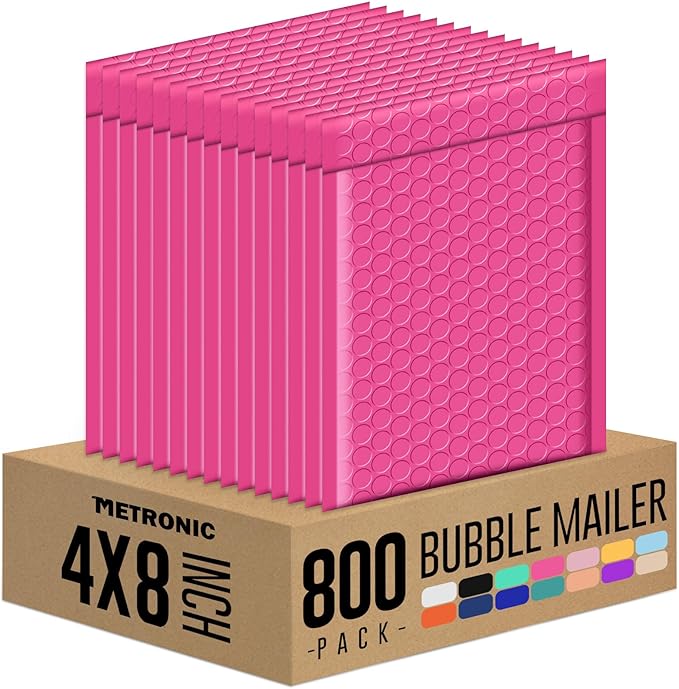 Metronic Small Bubble Mailers 4x8 Inch 800PC Bulk Usable Size 4x7 Poly Bubble Mailers Self-Seal, Mailing Envelopes, Padded Envelopes, Packaging for Small Business, Jewelry, Hot Pink