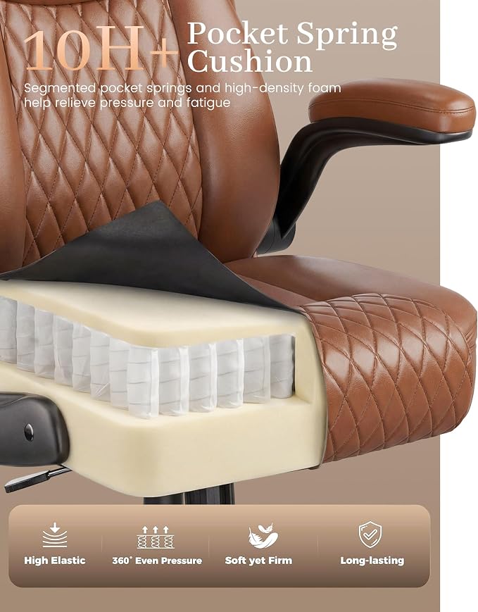 COMHOMA Mid-Back Office Chair, Ergonomic PU Desk Chair with Flip up Arms, Small Computer Gaming with Comfy Lumbar Support,Rocking Function,Sturdy Metal Base, Brown