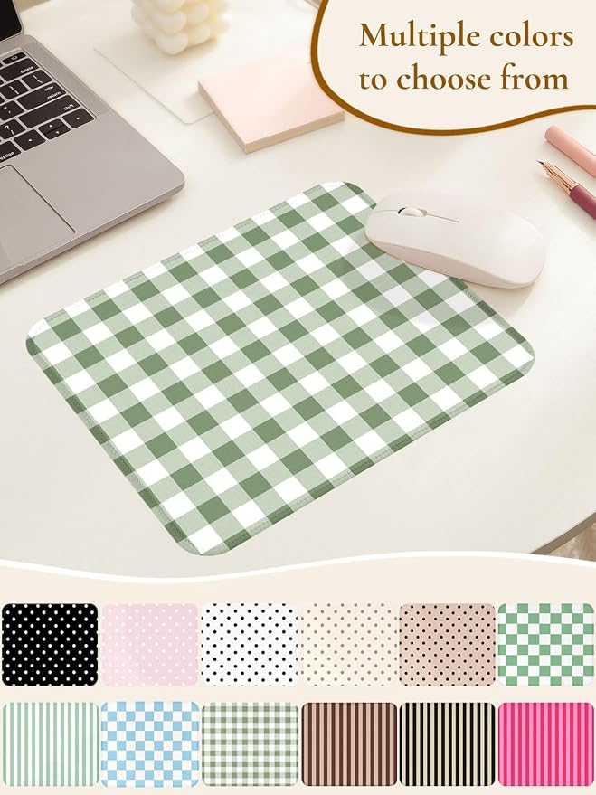 Square Cute Checkered Mouse Pad with Stitched Edge, Premium Waterproof Cloth Aesthetic Small Plaid Mouse Mat, Non-Slip Rubber Base Funny Mousepad Desk Accessories,Green White
