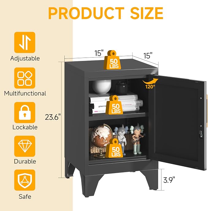23.6" H Metal Locker Nightstand Set of 2,Black Locking Night Stand with Door and Adjustable Shelf, Small Side Table with Detachable Legs for Home Office,Living Room or Bedroom,Easy Assembly