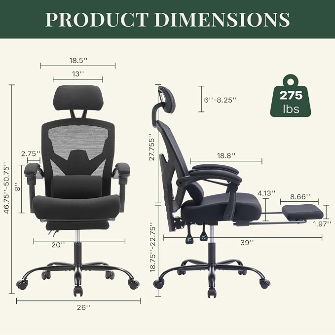 Ergonomic Office Chair with Footrest, Computer Gaming Chair | Adjustable Headrest, Lumbar Support, Swivel Reclining, Padded Armrest, Mesh High Back, Home Desk Work Study, Black