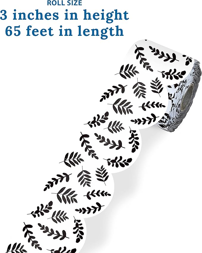 Carson Dellosa Farmhouse 65Ft of Black and White Bulletin Board Borders, 1 Roll of Scalloped Trim with Eucalyptus Leaves for Rolling Whiteboard, Cork and Posterboard, and Classroom Decor