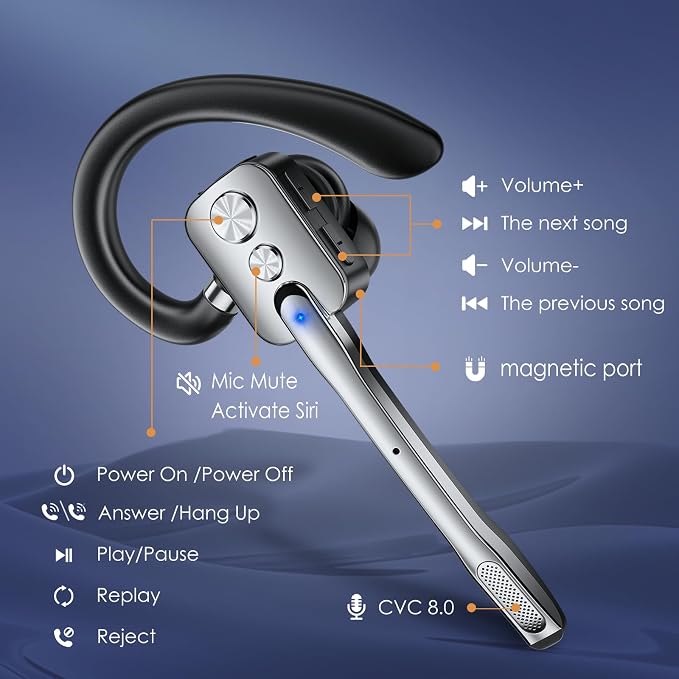 Bluetooth Headset, Wireless Headset with Dual-Mics & Noise Cancelling, Bluetooth Earpiece with Mute, V5.3 Hands-Free Headset with QCC Chip for Phone PC iOS Android
