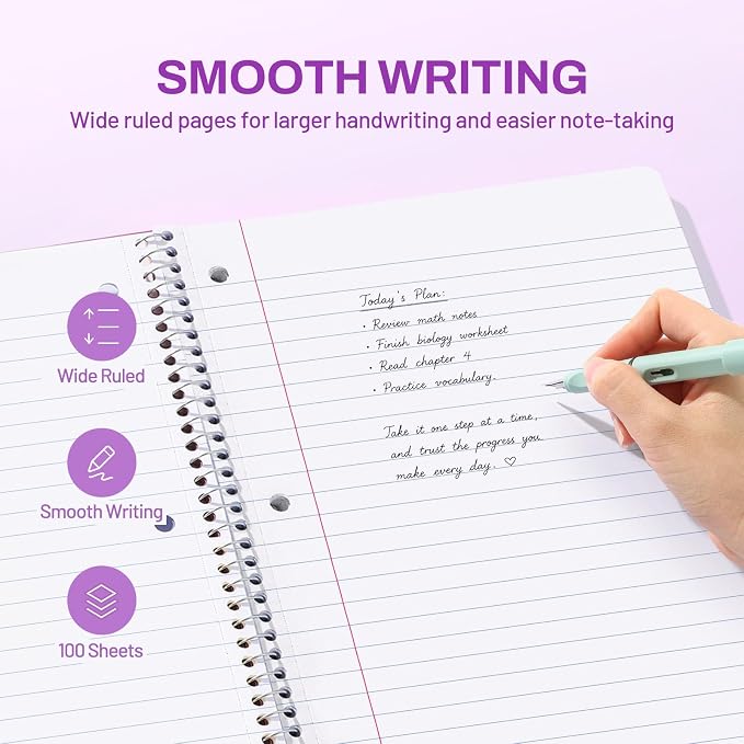 SUNEE Spiral Notebook, 1-Subject, Wide Ruled Paper, 8" x 10-1/2", 100 Sheets per Notebook, 3-Hole Punched Paper, Water Resistant Cover, Double-sided Pockets, Dark Purple