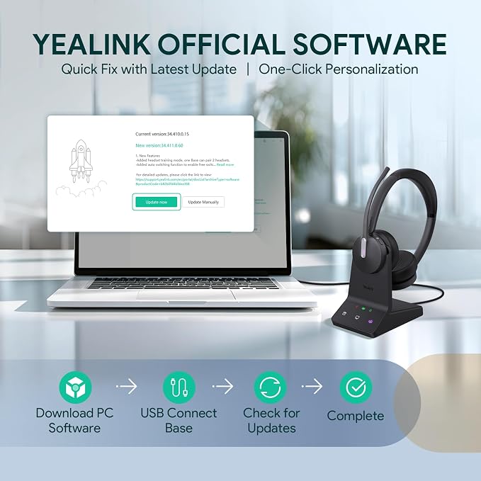 Yealink WH64 Mono DECT & Bluetooth Wireless Headset for Phone PC Cellphone | Teams Certified Single On Ear Headset, 3X Noise Canceling Mic, 26H Talk Time, 606 ft Long Range for Office Call Center