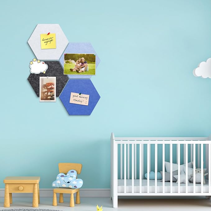 4 Pack Hexagon Felt Bulletin Board Tiles - 12" Large Thick Pin Board for Walls with 30 Push Pins, DIY Boards for Office Home School Decor, Aesthetic Hex Cork Board Alternative
