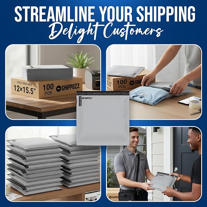 Shippozz 12x15.5 Poly Mailers 100 Pack, Durable Waterproof Polymailers for Shipping Clothes, Self Seal Mailing Bags for Small Business Packaging Supplies, Mailing Envelopes for Books, and Accessories