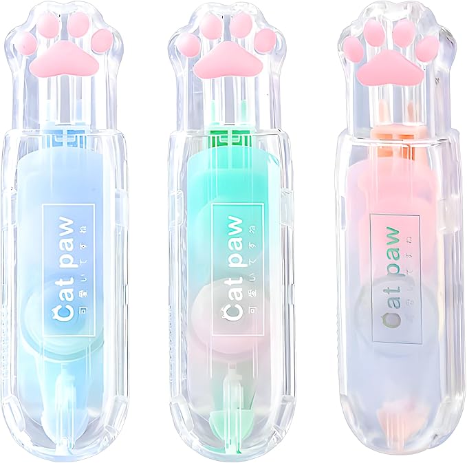 3Pcs Retractable White Correction Tape,Cute Cat Paw Correction Tape Pens | Mini Aesthetic Pen Shaped White Applicator with Easy to Use Out Tape for Back to School Office Supplies