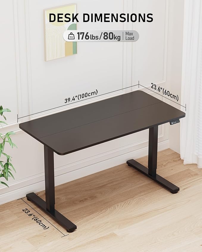 Standing Desk, Small Height Adjustable Electric Stand up Desk, 40" x 24" Sit Stand Computer Home Office Desk with Splice Board, Black Frame/Black Top