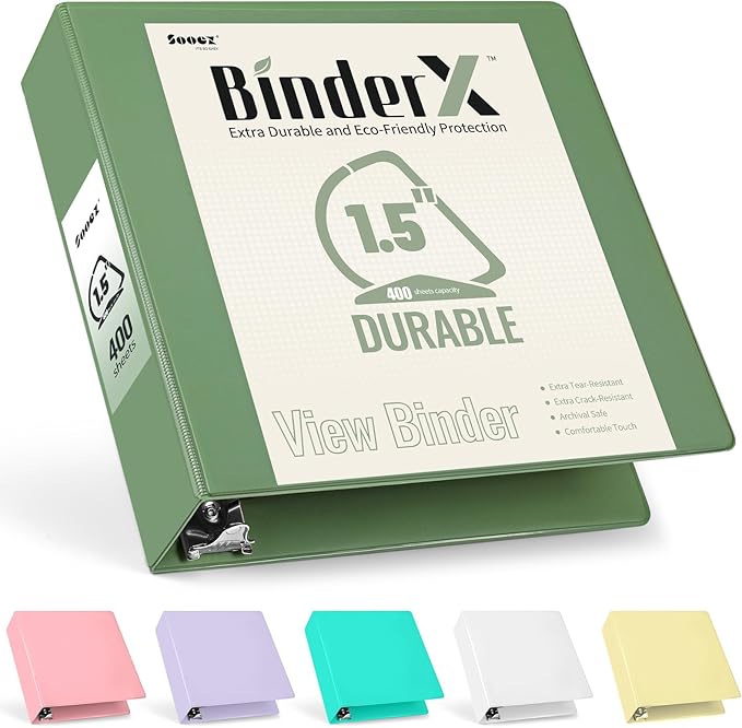 Sooez BinderX Extra Durable 1.5 Inch 3-Ring Binder, Holds 400 Sheets of 8.5x11 Paper, Customizable View Cover with Inside Pockets, Heavy Duty Binder for School, Olive Green