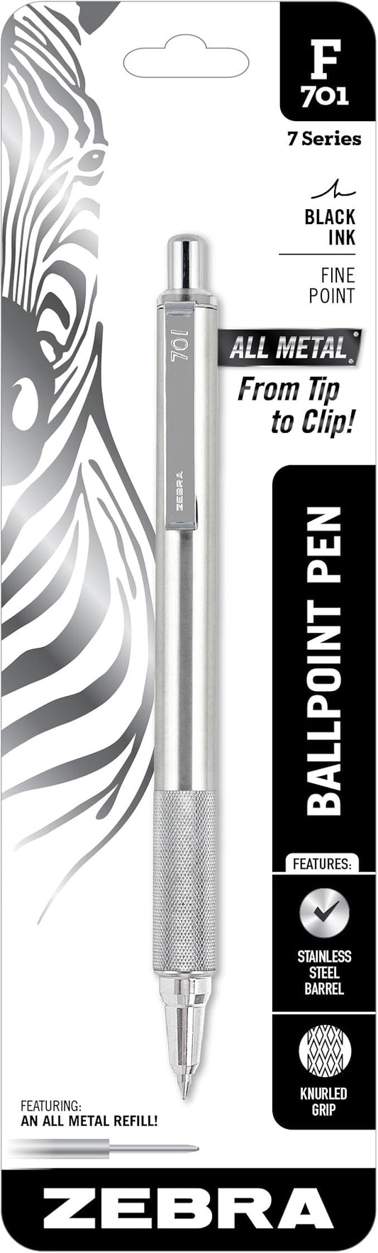 Zebra Pen F-701 Ballpoint Black Ink Fine Point 0.8mm Pen, Heavy Duty, Durable Stainless Steel Barrel, Knurled Grip, Silent Retractable Plunger, Ideal for Tactical Use, 1-Pack (29411)