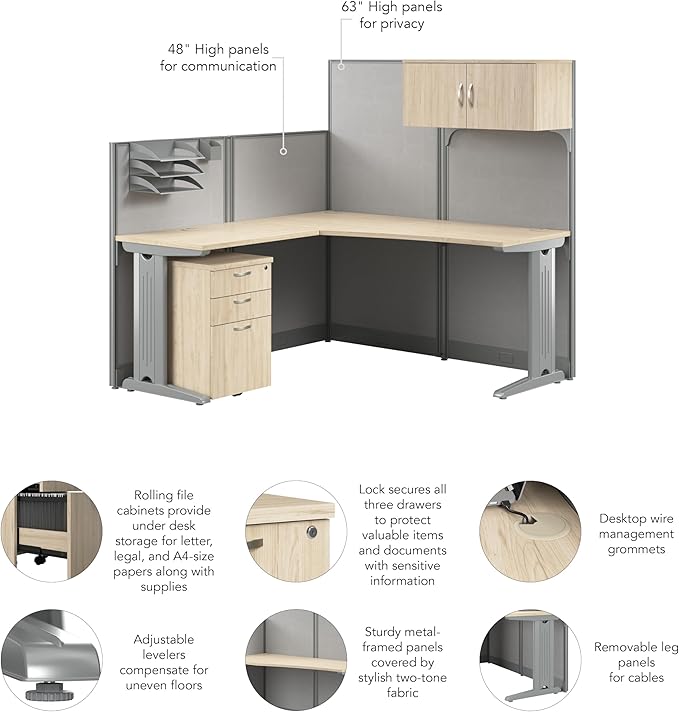 Bush Business Furniture 65-inch L Shaped Cubicle Desk with Storage, Drawers, and Organizers, Single Workstation, Office in an Hour Collection, Natural Elm