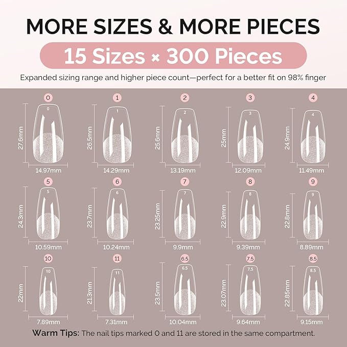 MelodySusie Medium Coffin X Nail Tips - 300Pcs 15 Sizes Clear Acrylic, Half Matte Full Cover Press on Nails for DIY Extension & Salon Use,Pre-Shaped for Long-Lasting Manicure