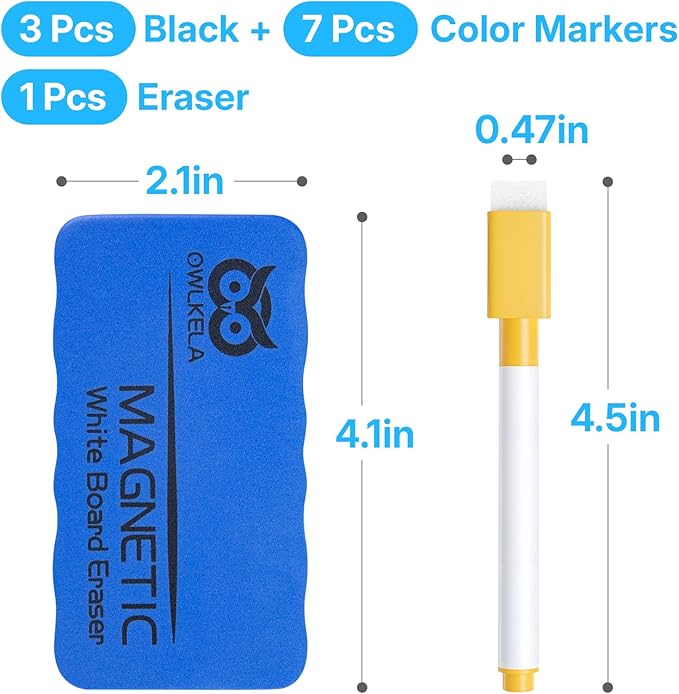 OWLKELA 10 Pcs Colorful Magnetic Erasable Markers for Whiteboard, Dry Erase Markers with Eraser, Low Odor Magnetic Eraser, White Board Markers for Office, Classroom, Home, 8 Color