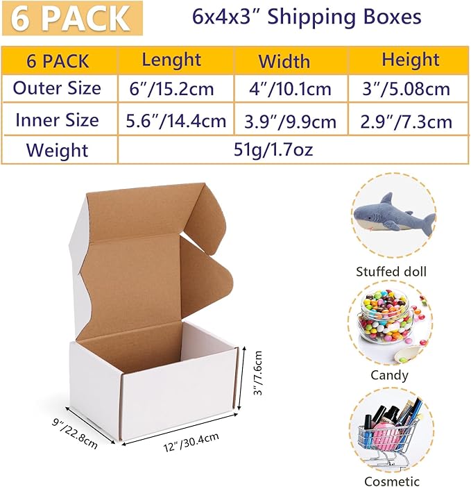 EXYGLO 6 Pack 6x4x3 Shipping Boxes, White Corrugated Cardboard Boxes for Packaging Small Business, Moving, Shipping, Mailing, and Storing