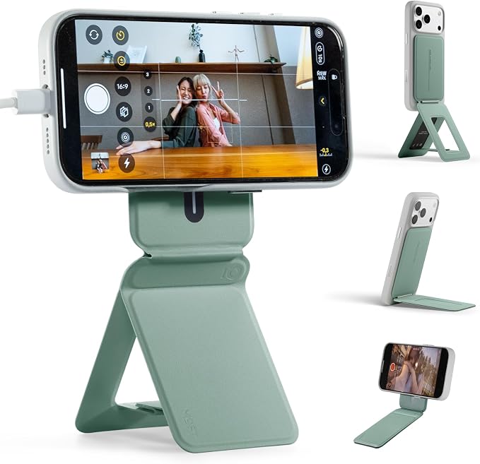 MOFT Phone Stand, Magnetic Phone Tripod Stand Stain-Resistant MOVAS Leather & Angle Adjustment & Strong Magnets Tripod for iPhone 17/16/15/14/13/12 (Included Metal Ring)-Seafoam