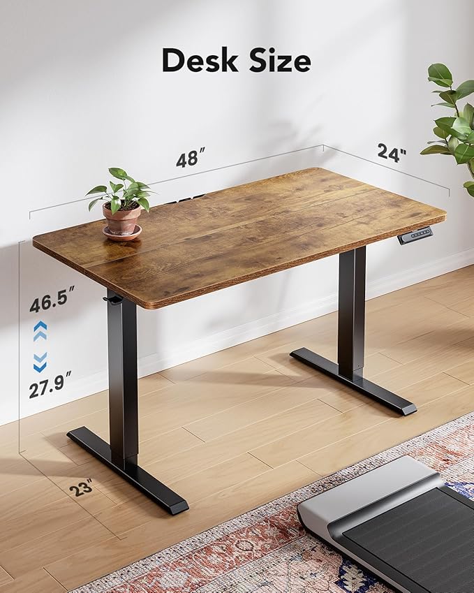 HUANUO 48x23 Inch Electric Standing Desk, Adjustable, Rustic Brown | 176 Lbs Capacity, Smooth Home Office Desk, 4 Memory Presets & Headphone Hooks, 28.3–46.5 Inch Height Range, Easy to assemble
