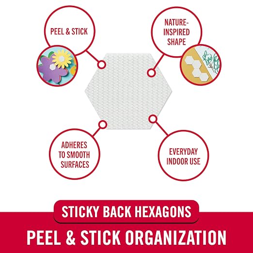 VELCRO Brand Sticky Back Hexagons, Adhesive Dots, White, 3/4 in, 150 Pk | Hook And Loop Dots with Adhesive For Smooth Surfaces, Nature Inspired Shapes For Office Classroom And Home Organization