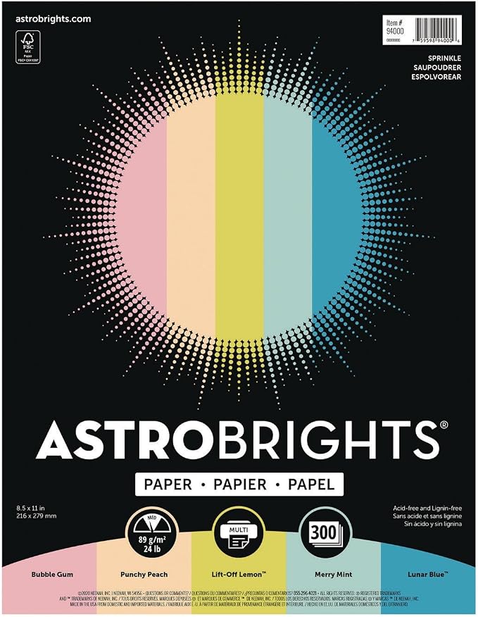 Astrobrights Color Paper, 8.5" x 11", 24 lb/89 gsm, Sprinkle 5-Color Assortment, 300 Sheets (94000)